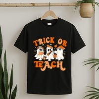 Teacher Halloween Trick Or Teach Retro Groovy Floral Ghost T-Shirt