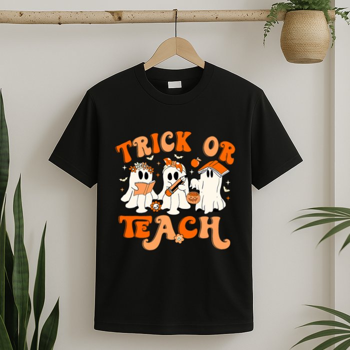 Teacher Halloween Trick Or Teach Retro Groovy Floral Ghost T-Shirt