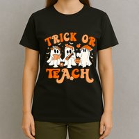 Teacher Halloween Trick Or Teach Retro Groovy Floral Ghost T-Shirt