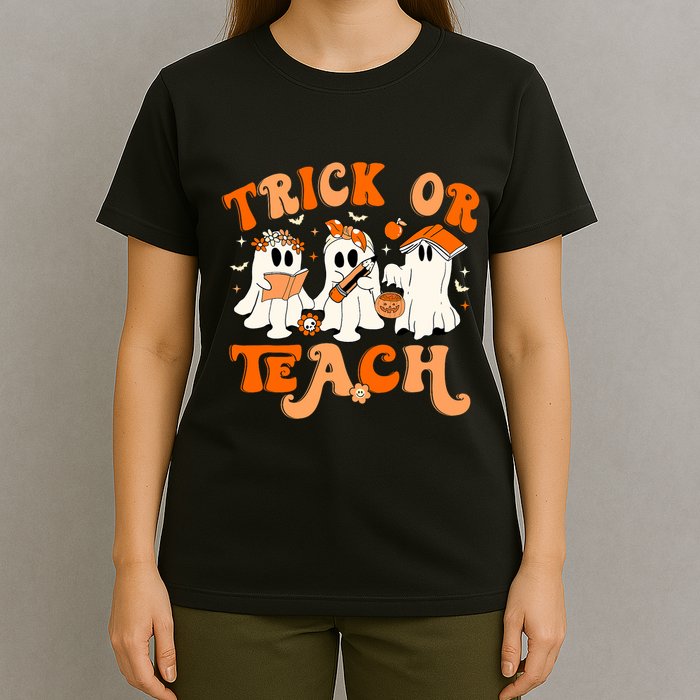 Teacher Halloween Trick Or Teach Retro Groovy Floral Ghost T-Shirt