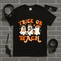 Teacher Halloween Trick Or Teach Retro Groovy Floral Ghost T-Shirt