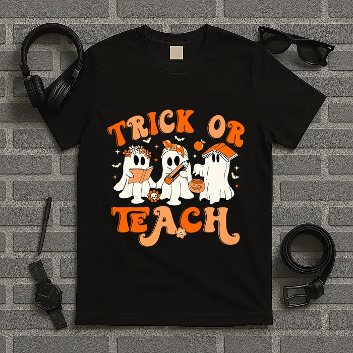 Teacher Halloween Trick Or Teach Retro Groovy Floral Ghost T-Shirt