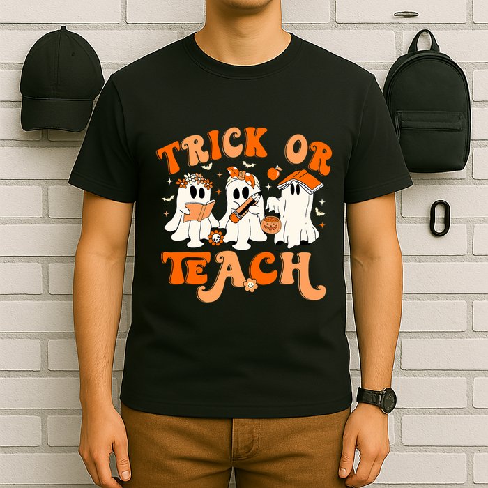 Teacher Halloween Trick Or Teach Retro Groovy Floral Ghost T-Shirt