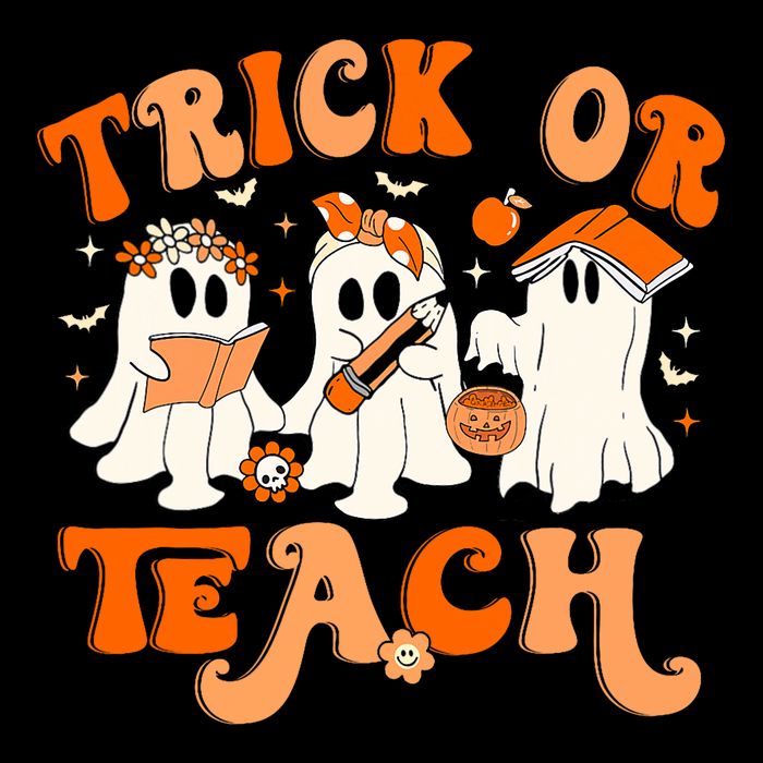 Teacher Halloween Trick Or Teach Retro Groovy Floral Ghost T-Shirt