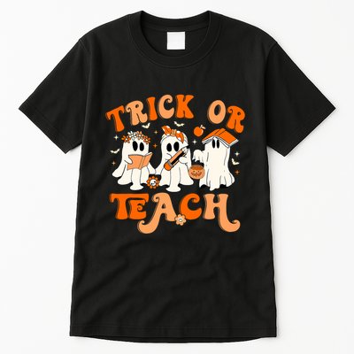 Teacher Halloween Trick Or Teach Retro Groovy Floral Ghost Tall T-Shirt