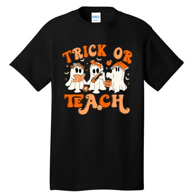 Teacher Halloween Trick Or Teach Retro Groovy Floral Ghost Tall T-Shirt