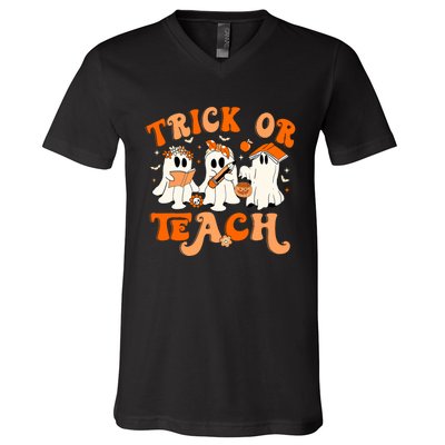 Teacher Halloween Trick Or Teach Retro Groovy Floral Ghost V-Neck T-Shirt