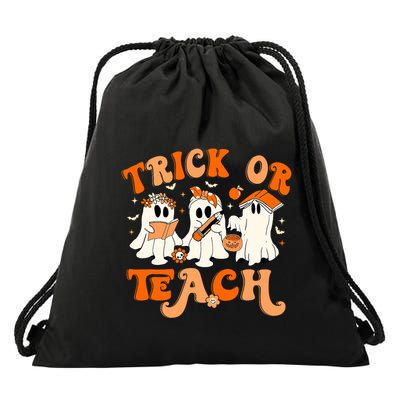 Teacher Halloween Trick Or Teach Retro Groovy Floral Ghost Drawstring Bag