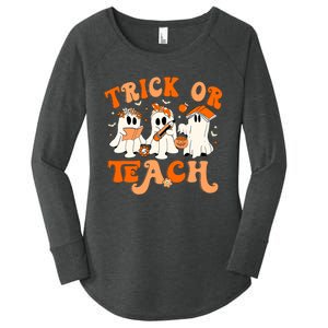 Teacher Halloween Trick Or Teach Retro Groovy Floral Ghost Women's Perfect Tri Tunic Long Sleeve Shirt