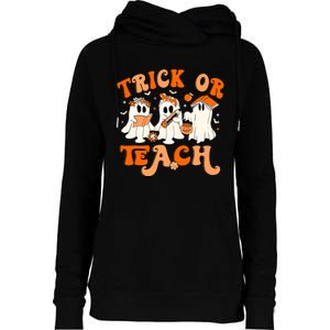 Teacher Halloween Trick Or Teach Retro Groovy Floral Ghost Womens Funnel Neck Pullover Hood