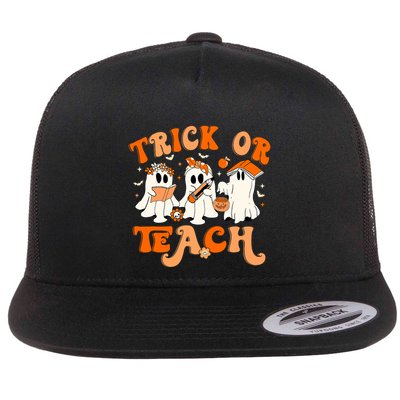 Teacher Halloween Trick Or Teach Retro Groovy Floral Ghost Flatbill Hat
