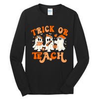 Teacher Halloween Trick Or Teach Retro Groovy Floral Ghost Tall Long Sleeve T-Shirt