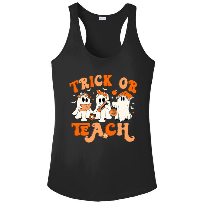 Teacher Halloween Trick Or Teach Retro Groovy Floral Ghost Ladies PosiCharge Competitor Racerback Tank