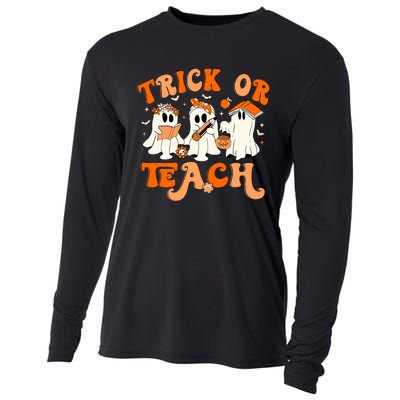 Teacher Halloween Trick Or Teach Retro Groovy Floral Ghost Cooling Performance Long Sleeve Crew