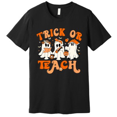 Teacher Halloween Trick Or Teach Retro Groovy Floral Ghost Premium T-Shirt