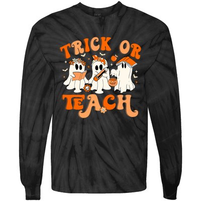 Teacher Halloween Trick Or Teach Retro Groovy Floral Ghost Tie-Dye Long Sleeve Shirt