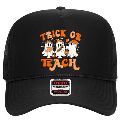 Teacher Halloween Trick Or Teach Retro Groovy Floral Ghost Trucker Hat