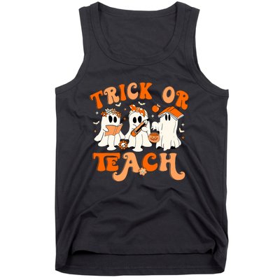 Teacher Halloween Trick Or Teach Retro Groovy Floral Ghost Tank Top