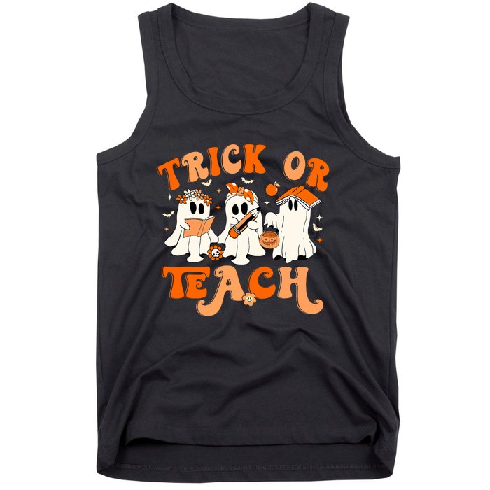 Teacher Halloween Trick Or Teach Retro Groovy Floral Ghost Tank Top