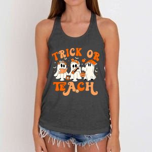 Teacher Halloween Trick Or Teach Retro Groovy Floral Ghost Women's Knotted Racerback Tank