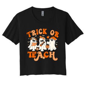 Teacher Halloween Trick Or Teach Retro Groovy Floral Ghost Women's Crop Top Tee