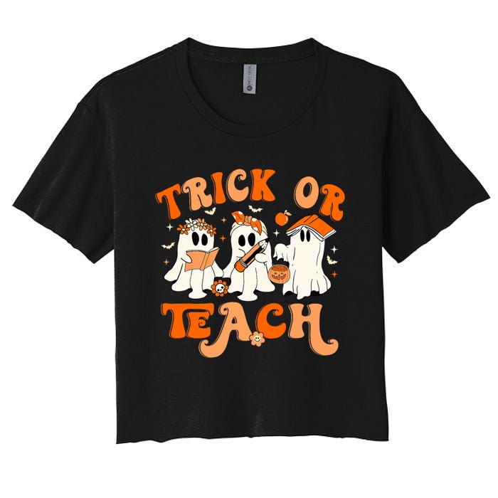 Teacher Halloween Trick Or Teach Retro Groovy Floral Ghost Women's Crop Top Tee