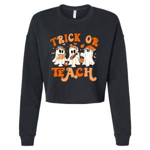 Teacher Halloween Trick Or Teach Retro Groovy Floral Ghost Cropped Pullover Crew