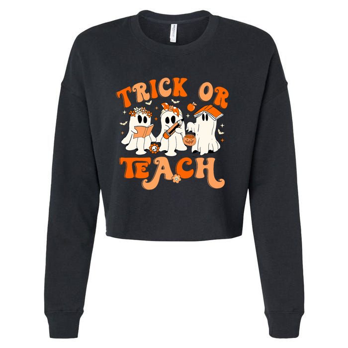 Teacher Halloween Trick Or Teach Retro Groovy Floral Ghost Cropped Pullover Crew