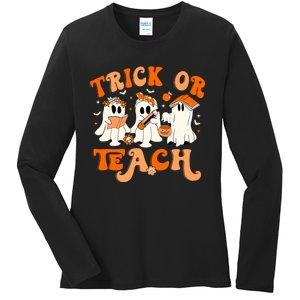 Teacher Halloween Trick Or Teach Retro Groovy Floral Ghost Ladies Long Sleeve Shirt