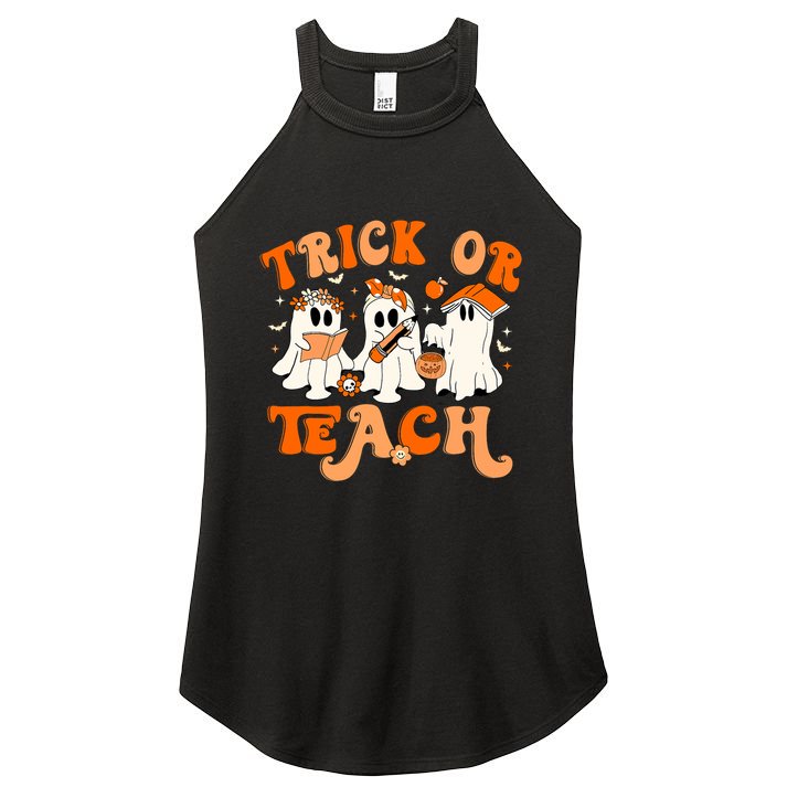 Teacher Halloween Trick Or Teach Retro Groovy Floral Ghost Women's Perfect Tri Rocker Tank