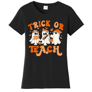 Teacher Halloween Trick Or Teach Retro Groovy Floral Ghost Women's T-Shirt