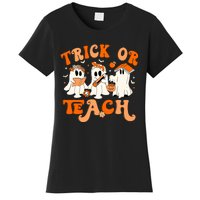 Teacher Halloween Trick Or Teach Retro Groovy Floral Ghost Women's T-Shirt