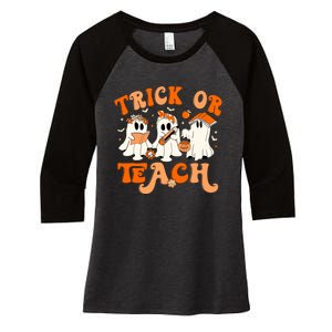 Teacher Halloween Trick Or Teach Retro Groovy Floral Ghost Women's Tri-Blend 3/4-Sleeve Raglan Shirt