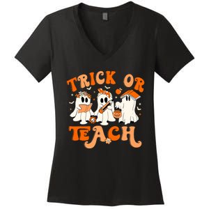 Teacher Halloween Trick Or Teach Retro Groovy Floral Ghost Women's V-Neck T-Shirt