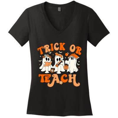 Teacher Halloween Trick Or Teach Retro Groovy Floral Ghost Women's V-Neck T-Shirt