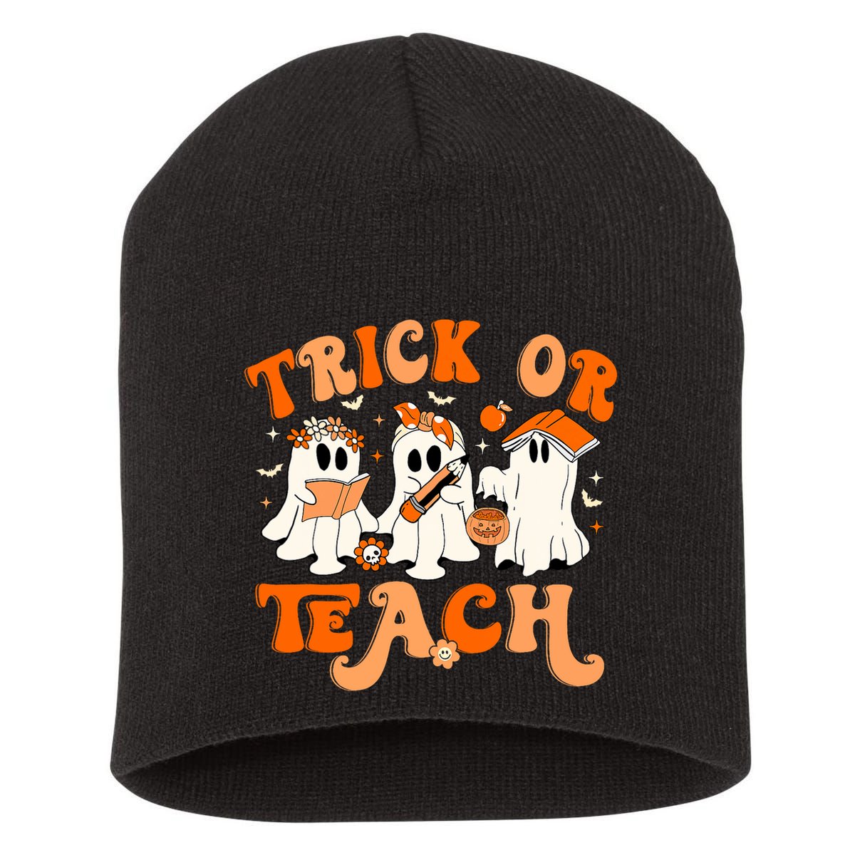 Teacher Halloween Trick Or Teach Retro Groovy Floral Ghost Short Acrylic Beanie