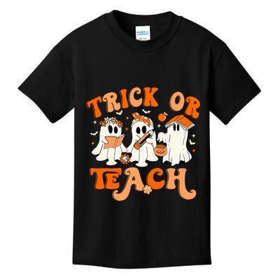 Teacher Halloween Trick Or Teach Retro Groovy Floral Ghost Kids T-Shirt