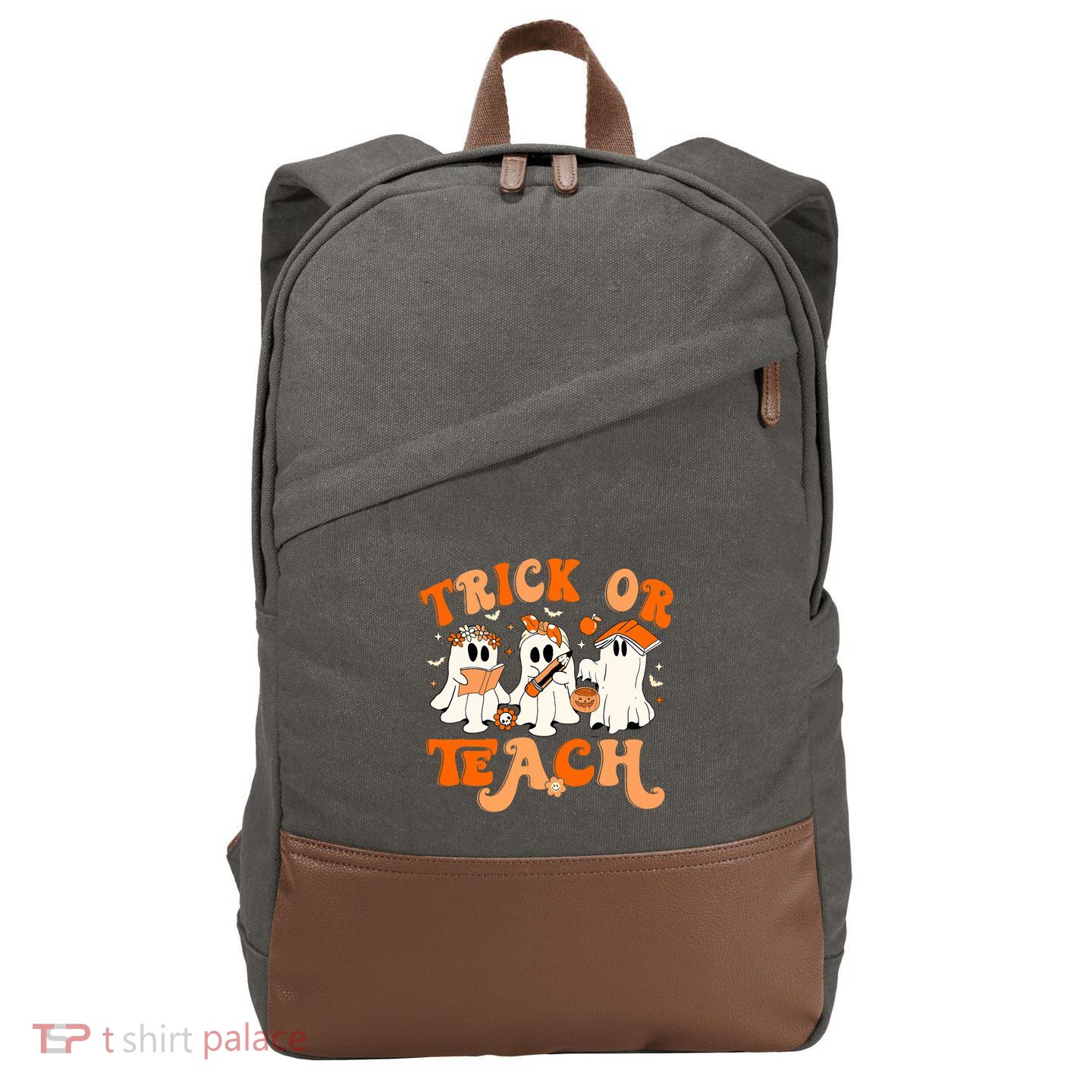 Teacher Halloween Trick Or Teach Retro Groovy Floral Ghost Cotton Canvas Backpack