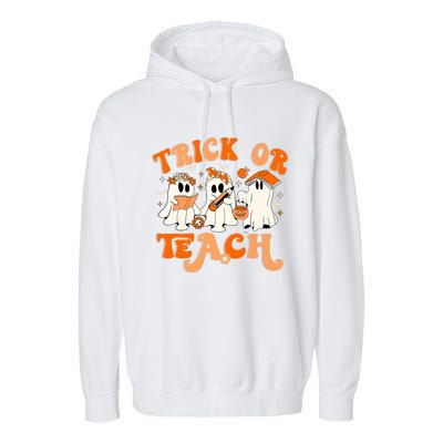 Teacher Halloween Trick Or Teach Retro Groovy Floral Ghost Garment-Dyed Fleece Hoodie