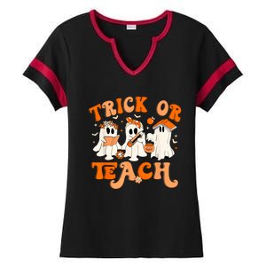 Teacher Halloween Trick Or Teach Retro Groovy Floral Ghost Ladies Halftime Notch Neck Tee