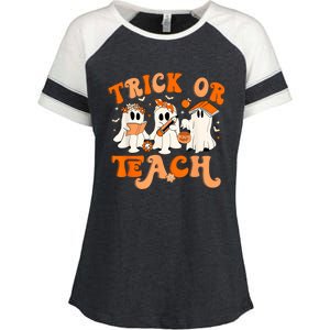 Teacher Halloween Trick Or Teach Retro Groovy Floral Ghost Enza Ladies Jersey Colorblock Tee