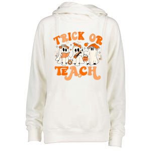 Teacher Halloween Trick Or Teach Retro Groovy Floral Ghost Womens Funnel Neck Pullover Hood