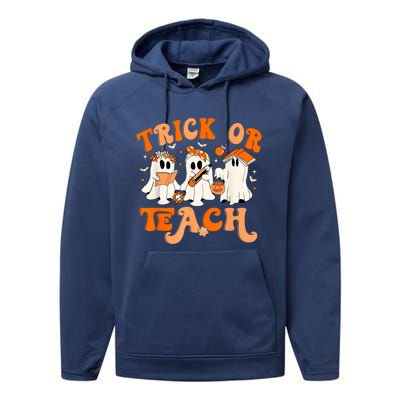 Teacher Halloween Trick Or Teach Retro Groovy Floral Ghost Performance Fleece Hoodie