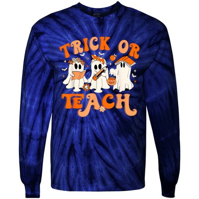 Teacher Halloween Trick Or Teach Retro Groovy Floral Ghost Tie-Dye Long Sleeve Shirt