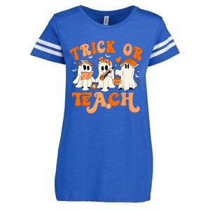 Teacher Halloween Trick Or Teach Retro Groovy Floral Ghost Enza Ladies Jersey Football T-Shirt