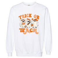 Teacher Halloween Trick Or Teach Retro Groovy Floral Ghost Garment-Dyed Sweatshirt