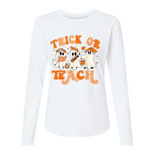 Teacher Halloween Trick Or Teach Retro Groovy Floral Ghost Womens Cotton Relaxed Long Sleeve T-Shirt