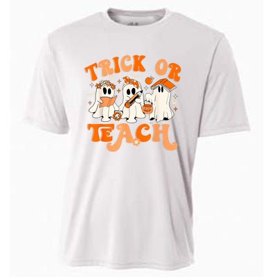 Teacher Halloween Trick Or Teach Retro Groovy Floral Ghost Cooling Performance Crew T-Shirt