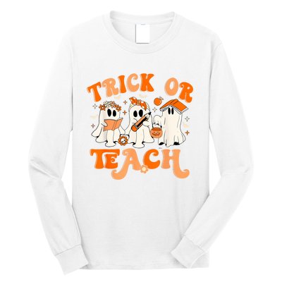 Teacher Halloween Trick Or Teach Retro Groovy Floral Ghost Long Sleeve Shirt