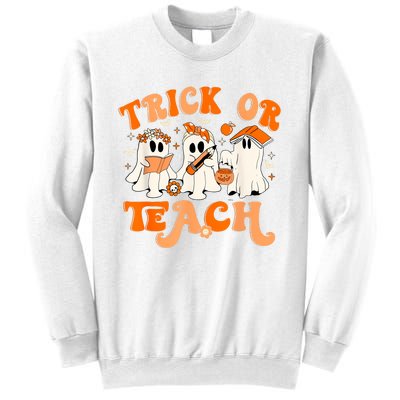 Teacher Halloween Trick Or Teach Retro Groovy Floral Ghost Sweatshirt